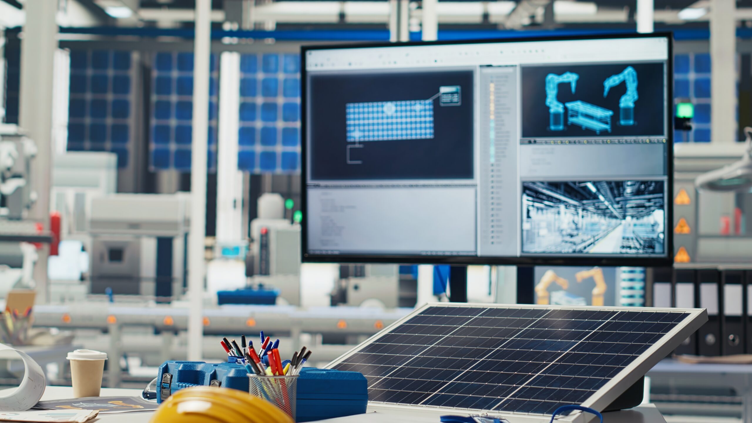 monitor in green energy solar panels plant with software used to optimize layouts